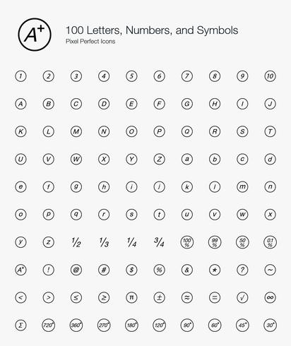 100 lettere, numeri e simboli Pixel Perfect Icons Line Style. vettore