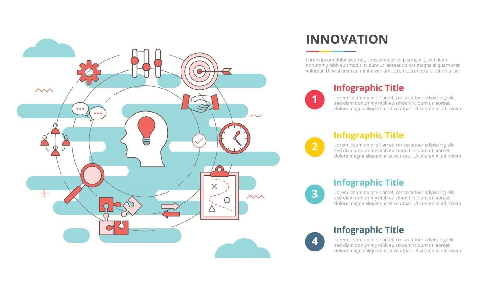 concetto di innovazione per banner modello infografica con informazioni sull'elenco a quattro punti vettore