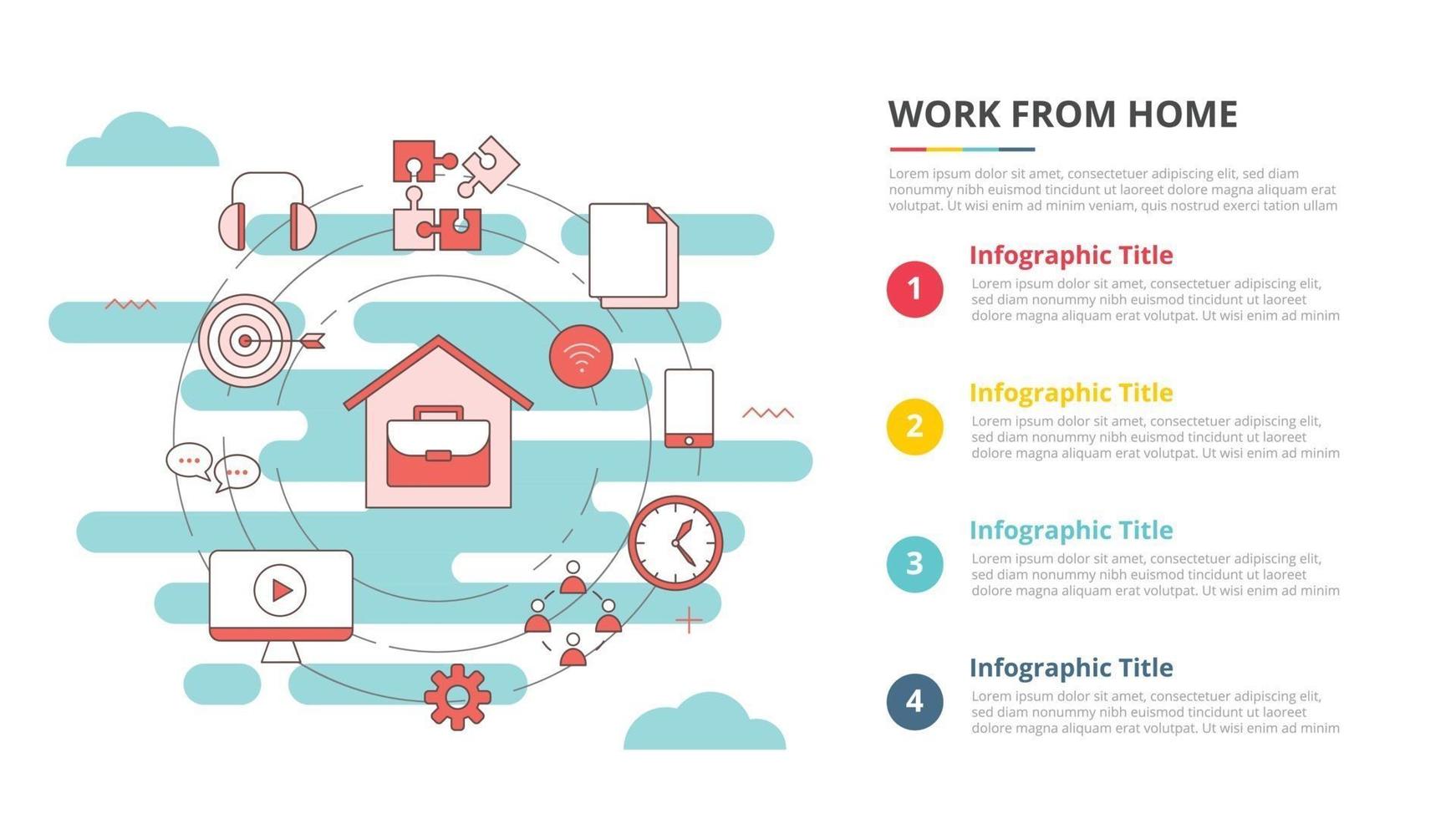 wfh concetto di lavoro da casa per banner modello infografica con informazioni sull'elenco a quattro punti vettore