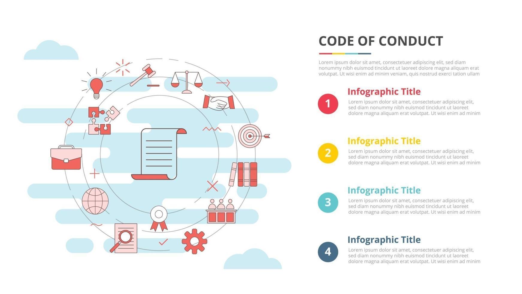 concetto di codice di condotta per banner modello infografica con informazioni sull'elenco a quattro punti vettore
