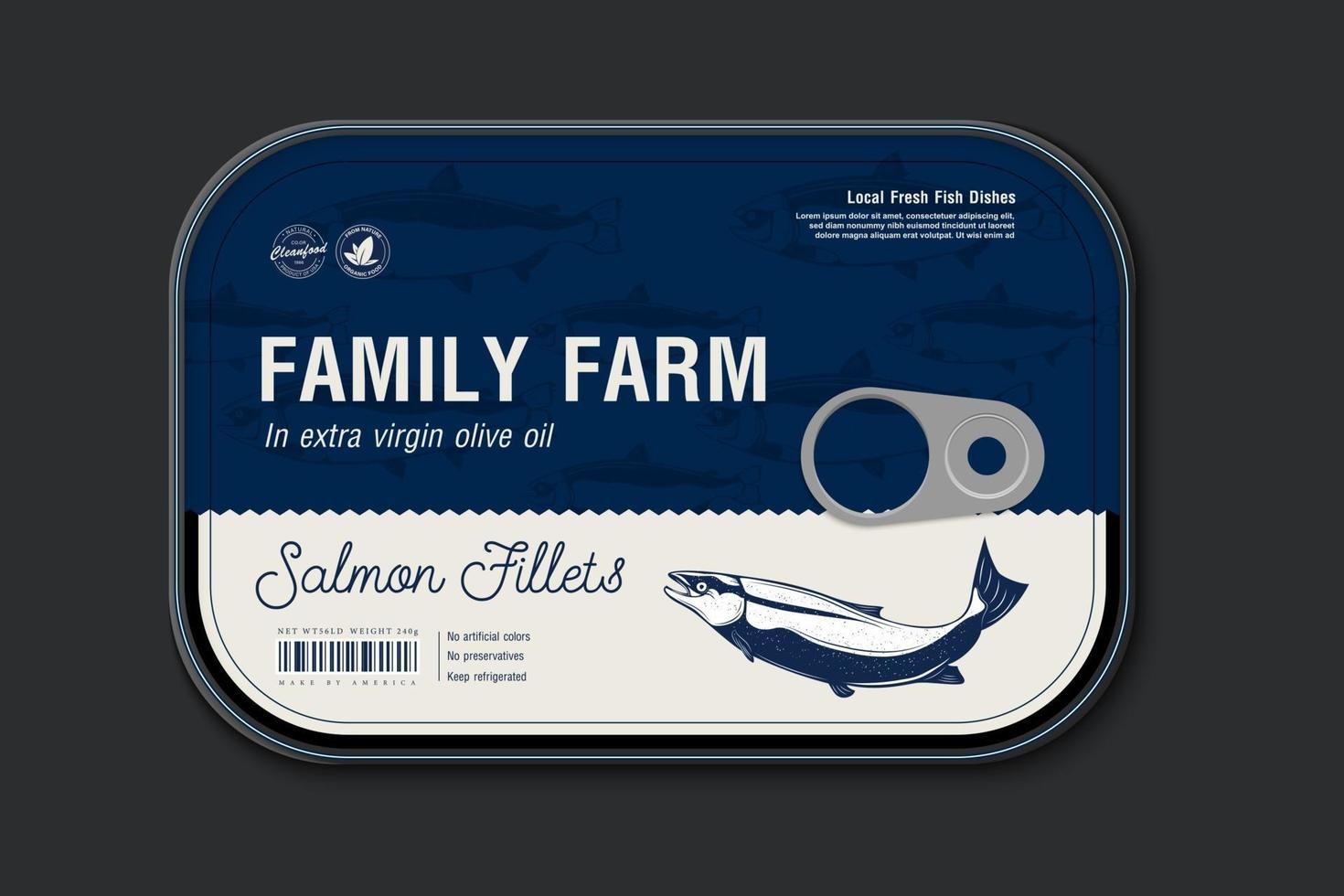design di imballaggio in scatola premium retrò e silhouette di salmone disegnata a mano vettore