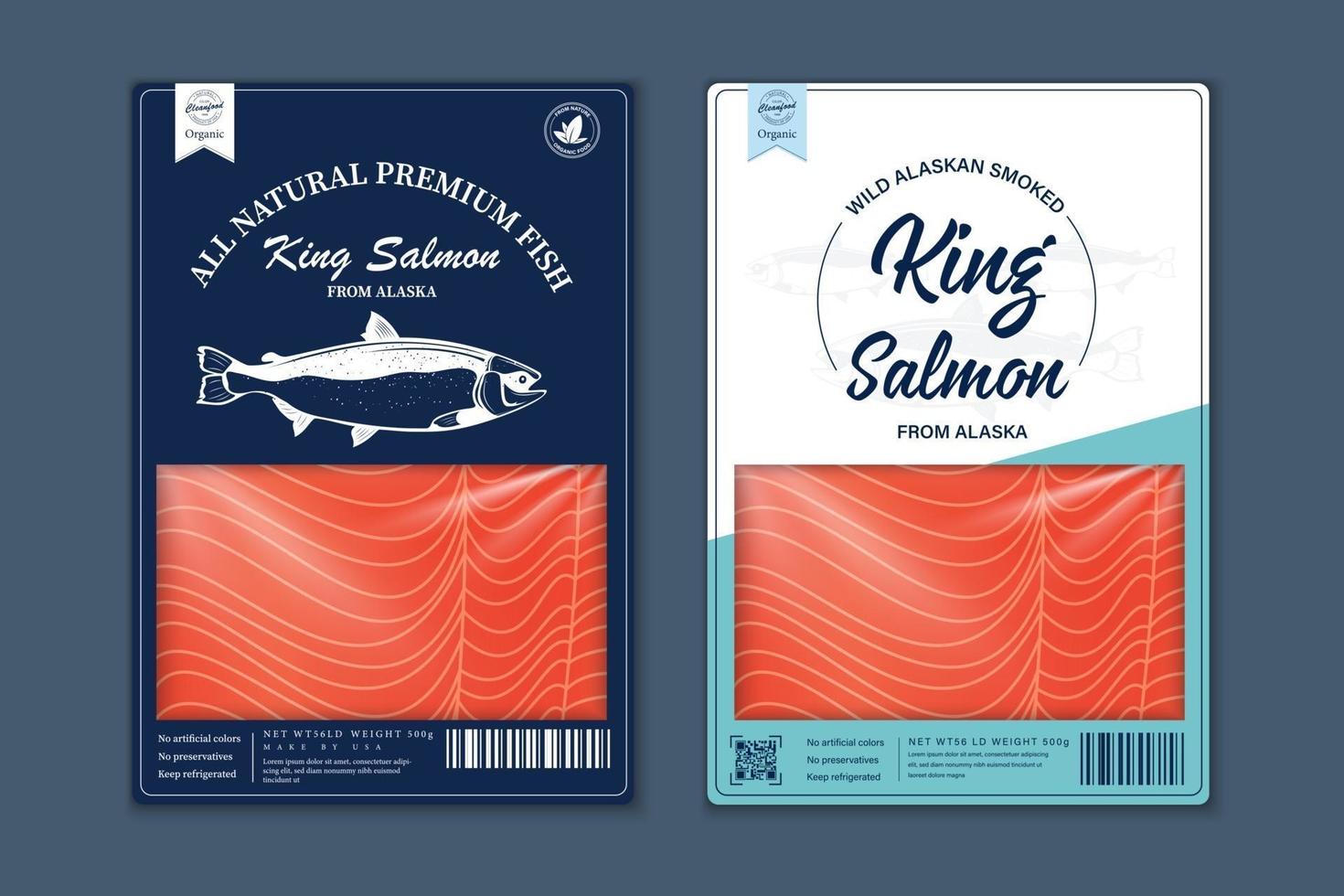 design di imballaggio in stile piatto di pesce. consistenza della carne di pesce salmone vettore
