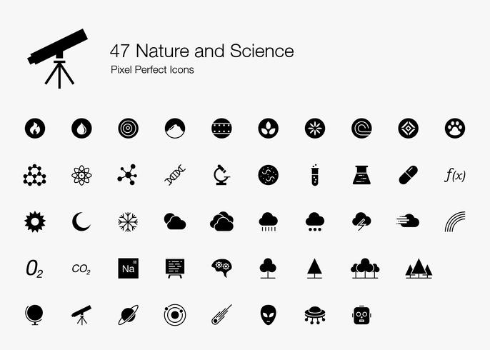 47 Natura e scienza Icone perfette per pixel (stile pieno). vettore