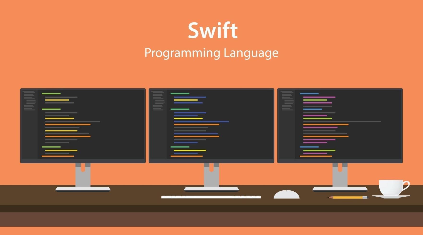 illustrazione del codice del linguaggio di programmazione rapido visualizzato su tre monitor di fila nell'area di lavoro del programmatore vettore