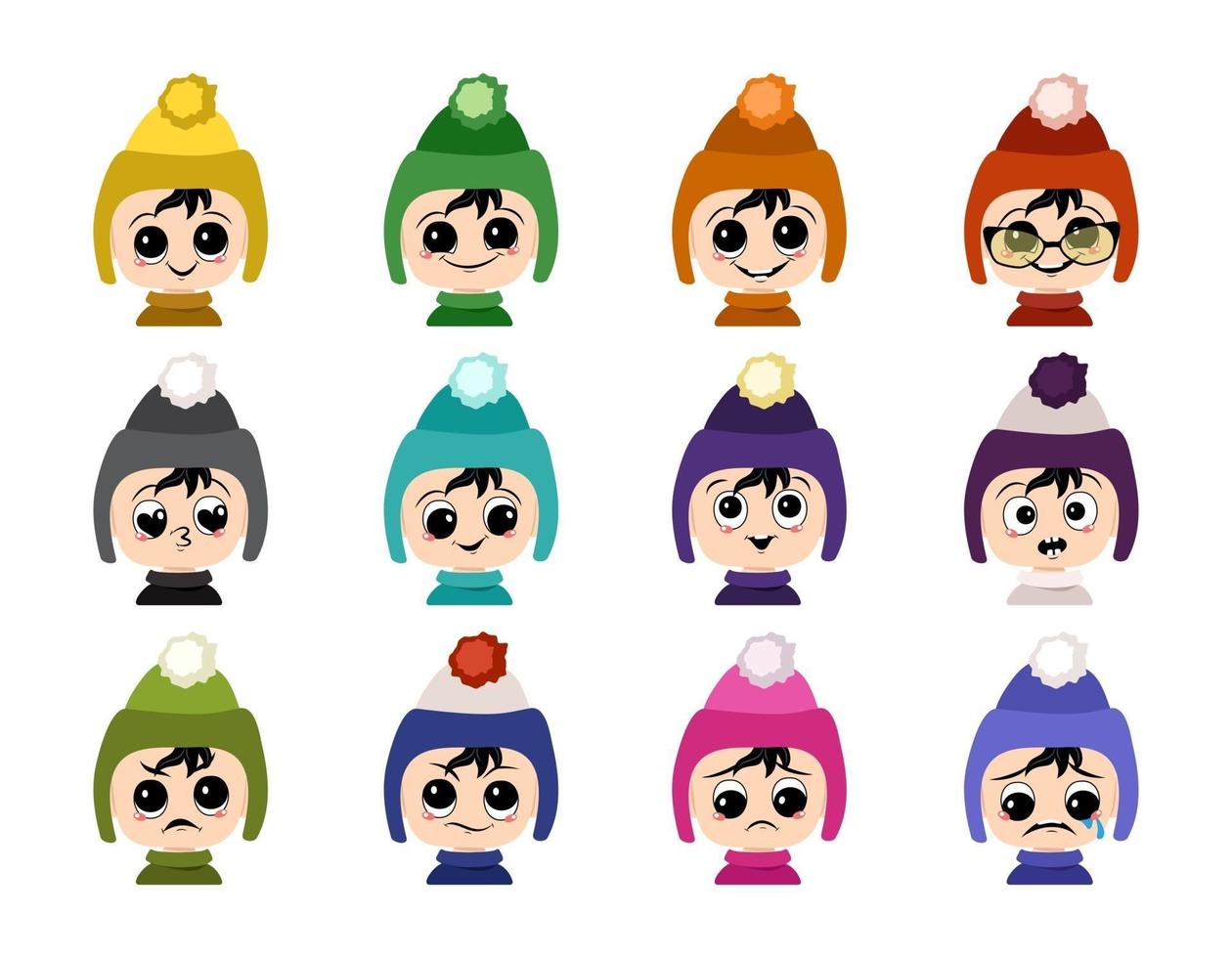 set di avatar per bambini con occhi grandi e ampio sorriso e diverse emozioni con cappello con pompon. bambino carino con faccia gioiosa, triste o arrabbiata con copricapo invernale vettore