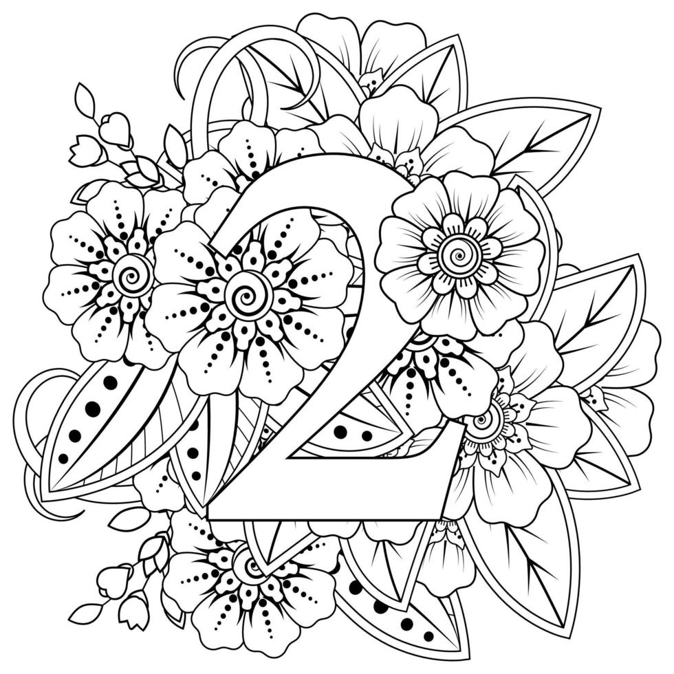 numero 2 con ornamento decorativo fiore mehndi nella pagina del libro da colorare in stile etnico orientale vettore