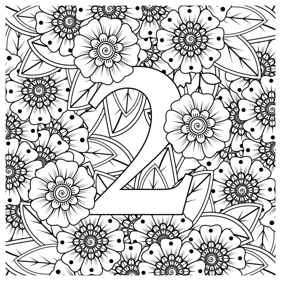 numero 2 con ornamento decorativo fiore mehndi nella pagina del libro da colorare in stile etnico orientale vettore