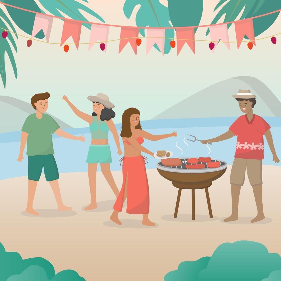 due coppie pic-nic sulla spiaggia e barbecue alla griglia vettore