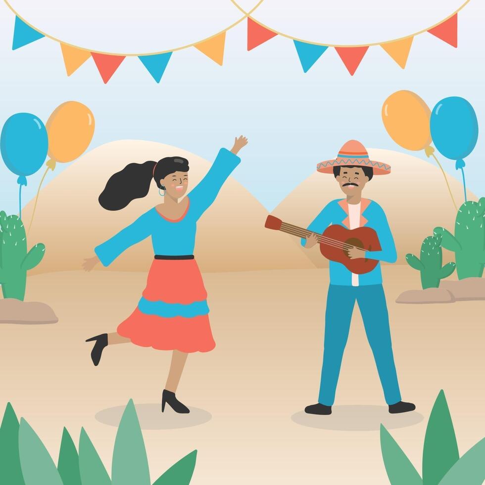 giovane messicano a suonare la chitarra una giovane donna in una camicetta luminosa e gonna balla al ritmo della musica. vettore
