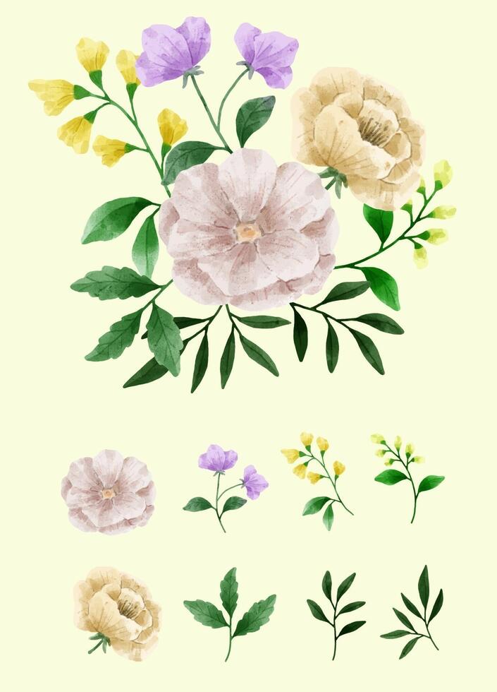 una serie di fiori dipinti ad acquerello per la creazione di lavori di design vettore