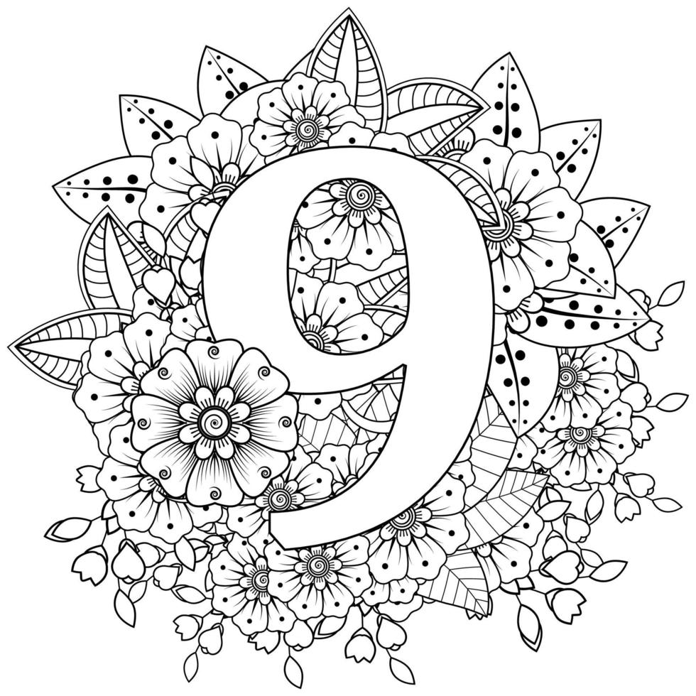 numero 9 con ornamento decorativo fiore mehndi nella pagina del libro da colorare in stile etnico orientale vettore