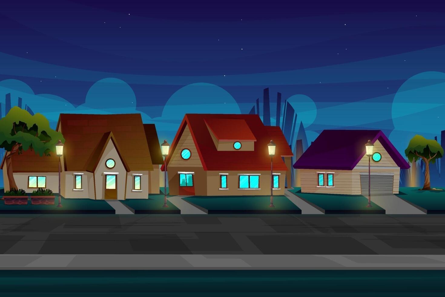 scena notturna con villaggio vicino alla strada con illuminazione vettoriale