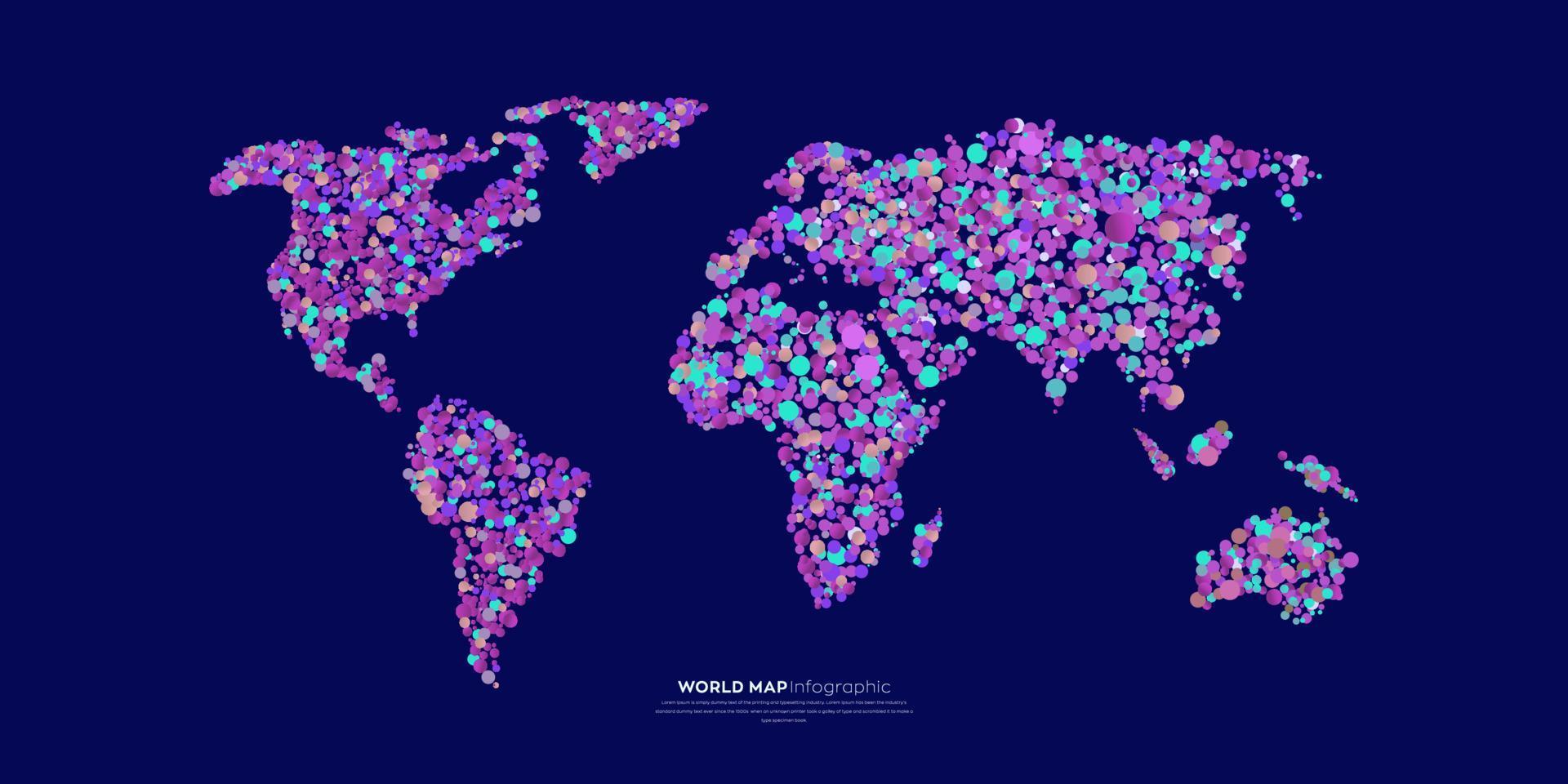 infografica mappa del mondo con composizione a cerchio colorato. connessione di rete globale. illustrazione vettoriale mappa silhouette isolata su sfondo scuro.