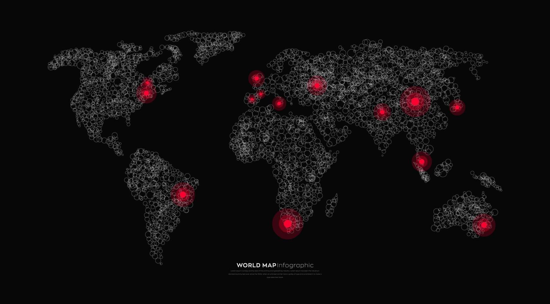 infografica mappa del mondo. mappa del mondo con evidenziazione delle città principali.illustrazione vettoriale mappa silhouette isolata su sfondo scuro.