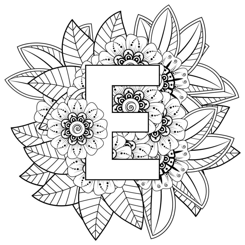 lettera e con fiore mehndi. ornamento decorativo in etnico orientale. illustrazione vettoriale di contorno disegnato a mano.