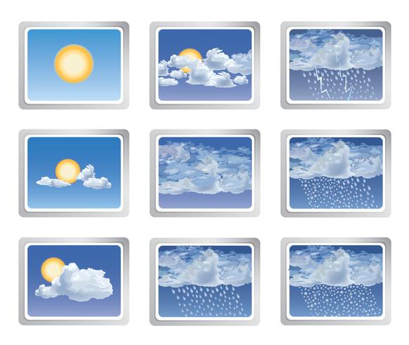 Set di icone del bollettino meteorologico. Sole con bottoni nuvole. Segno stagionale vettore