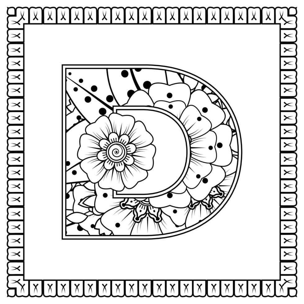 lettera d con fiore mehndi. ornamento decorativo in stile etnico orientale. pagina del libro da colorare. vettore