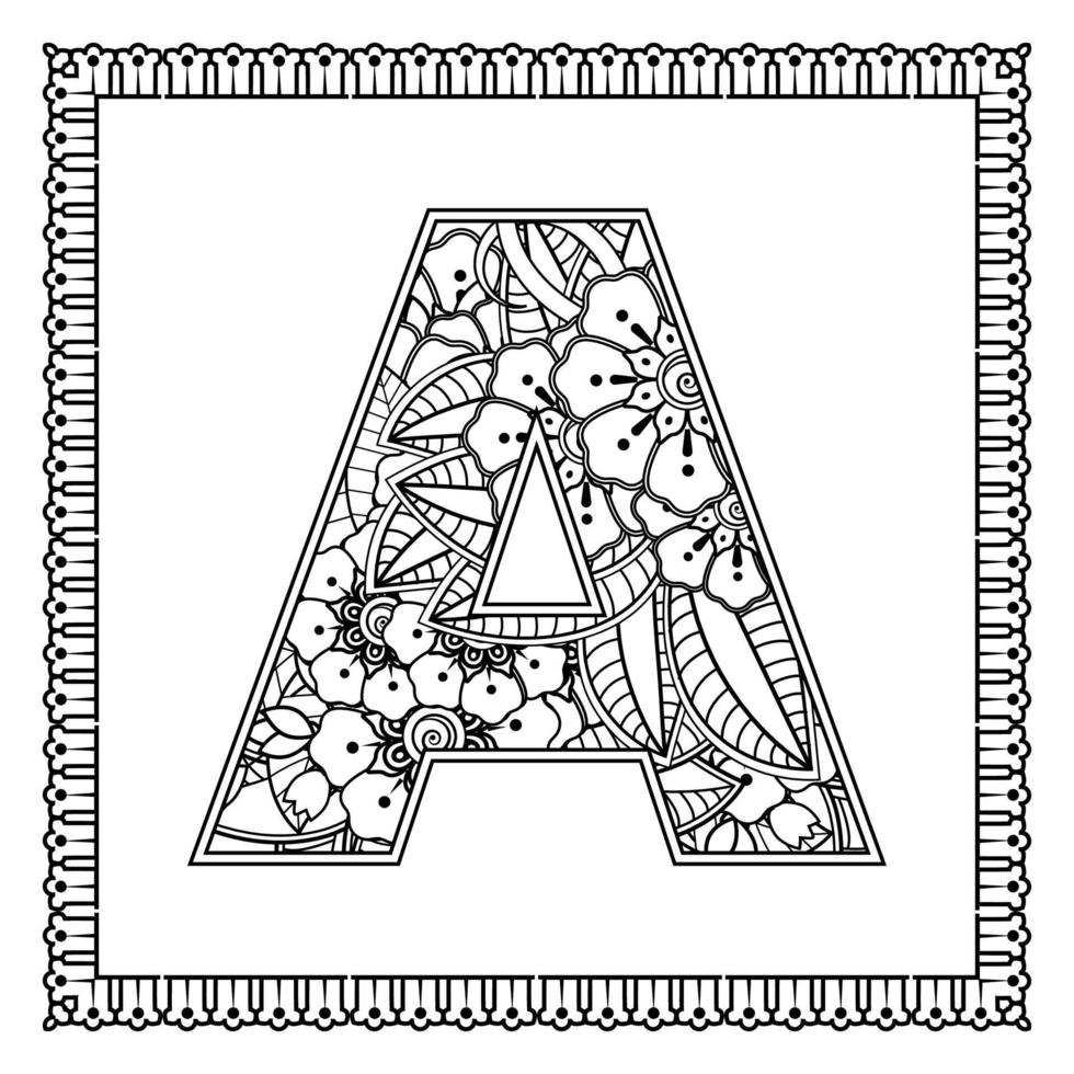 lettera a fatta di fiori in stile mehndi. pagina del libro da colorare. delineare l'illustrazione vettoriale di disegnare a mano.