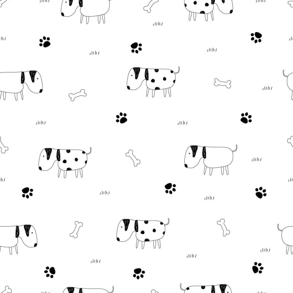 cane senza cuciture con osso e impronta simpatico cartone animato animale sfondo disegnato a mano in stile bambino utilizzato per la pubblicazione, carta da parati, tessuto, tessile, illustrazione vettoriale