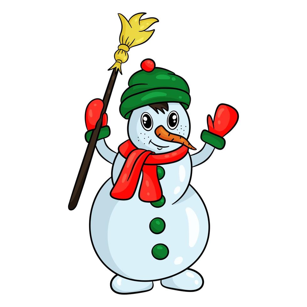 pupazzo di neve in cappello e sciarpa con scopa in mano, isolato su sfondo bianco. illustrazione vettoriale, stile cartone animato vettore