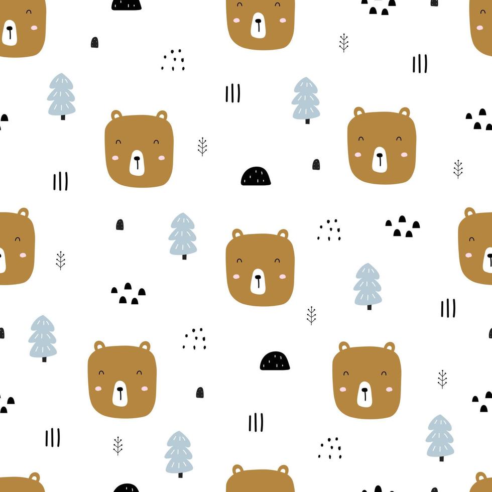 modello senza cuciture il volto di orso bruno e albero cartone animato animale sfondo disegnato a mano design in stile bambino utilizzato per la stampa, carta da parati, decorazione, tessile e abbigliamento. illustrazione vettoriale