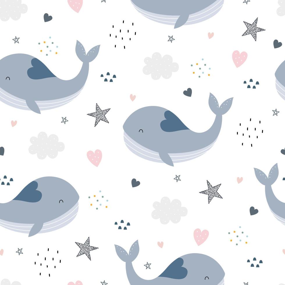balena blu con stelle e cuore senza cuciture il design utilizzato per il modello di tessuto, tessile, stampa, carta da parati, carta da imballaggio illustrazione vettoriale su sfondo bianco
