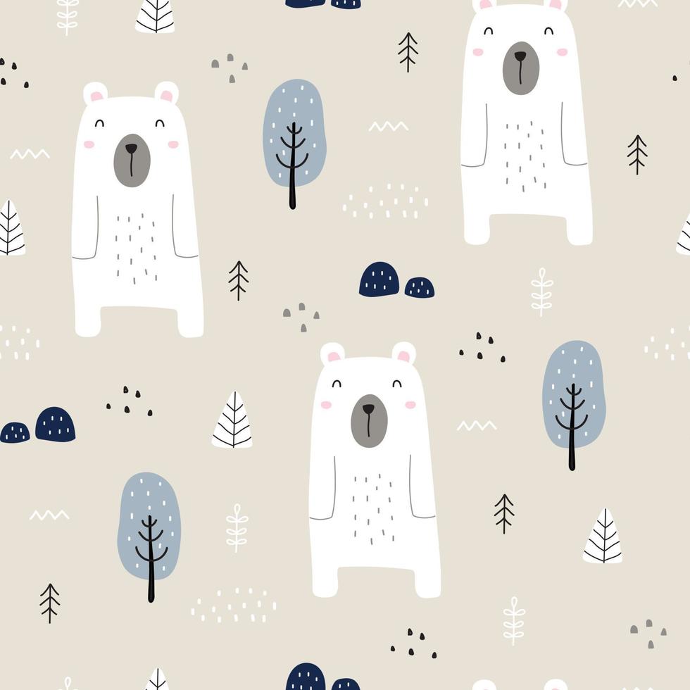 sfondo di cartone animato animale senza cuciture con orso bianco e alberi disegnati a mano in stile per bambini, uso per stampa, carta da parati decorativa, tessuto, tessuto. illustrazione vettoriale