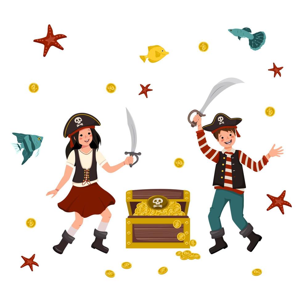 felice pirati ragazzo e ragazza con sciabola, tricorno, pesci, monete e cassa d'oro. bambini gioiosi in costumi di carnevale. abbigliamento festivo per vacanze, capodanno e feste per bambini. illustrazione piatta vettoriale