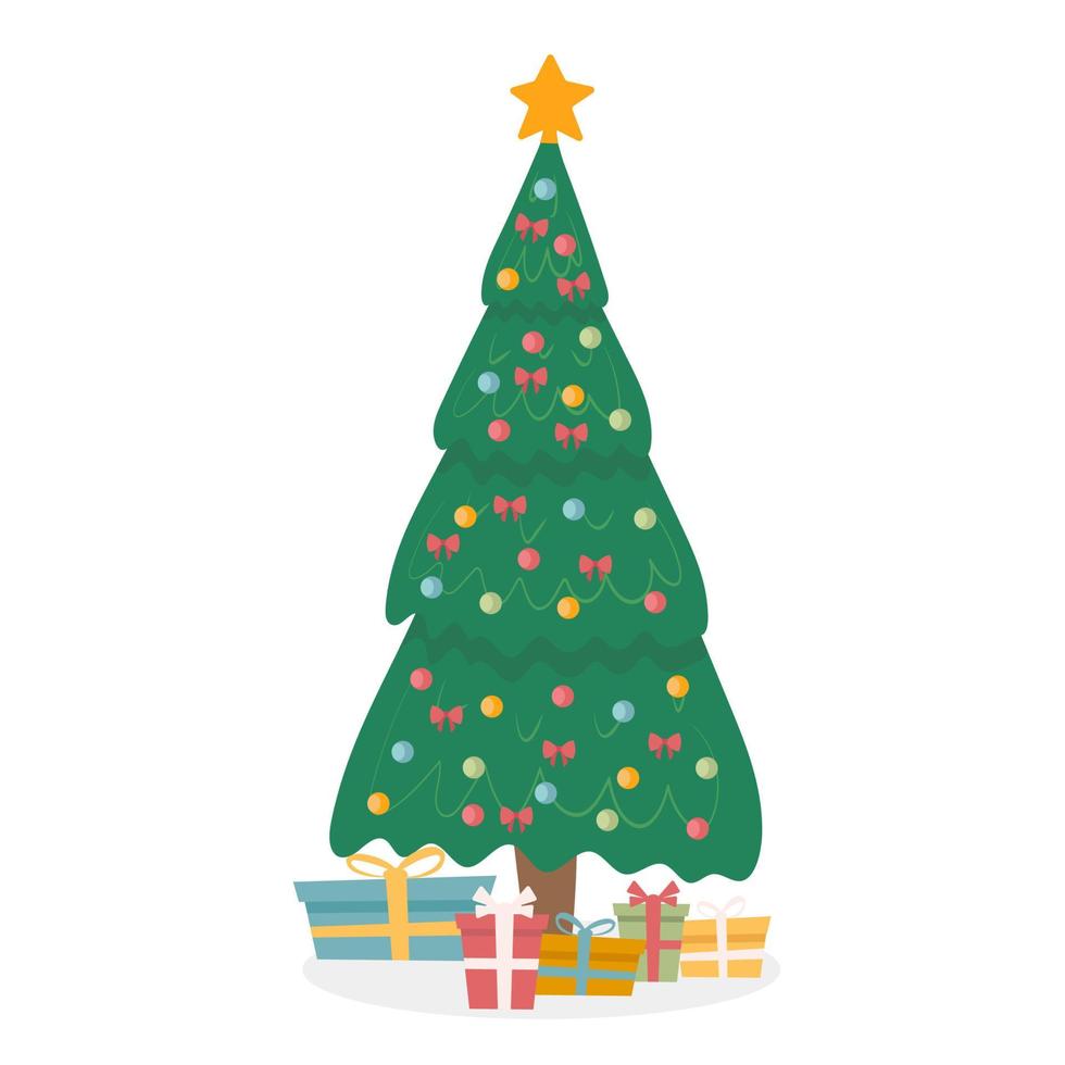 albero di natale decorato con ghirlande e palline, con scatole regalo. Buon Natale e un Felice Anno Nuovo. vettore