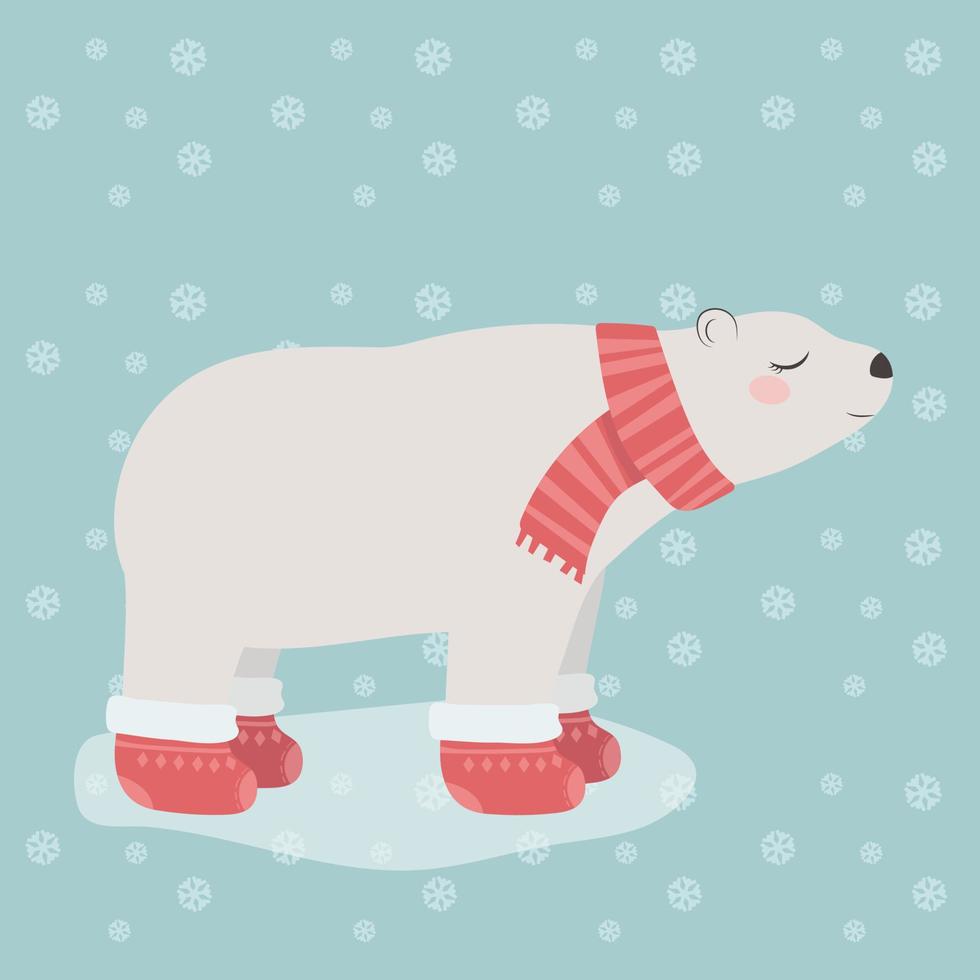 biglietto di Natale con un simpatico orso polare, in una sciarpa e stivali di feltro. vettore
