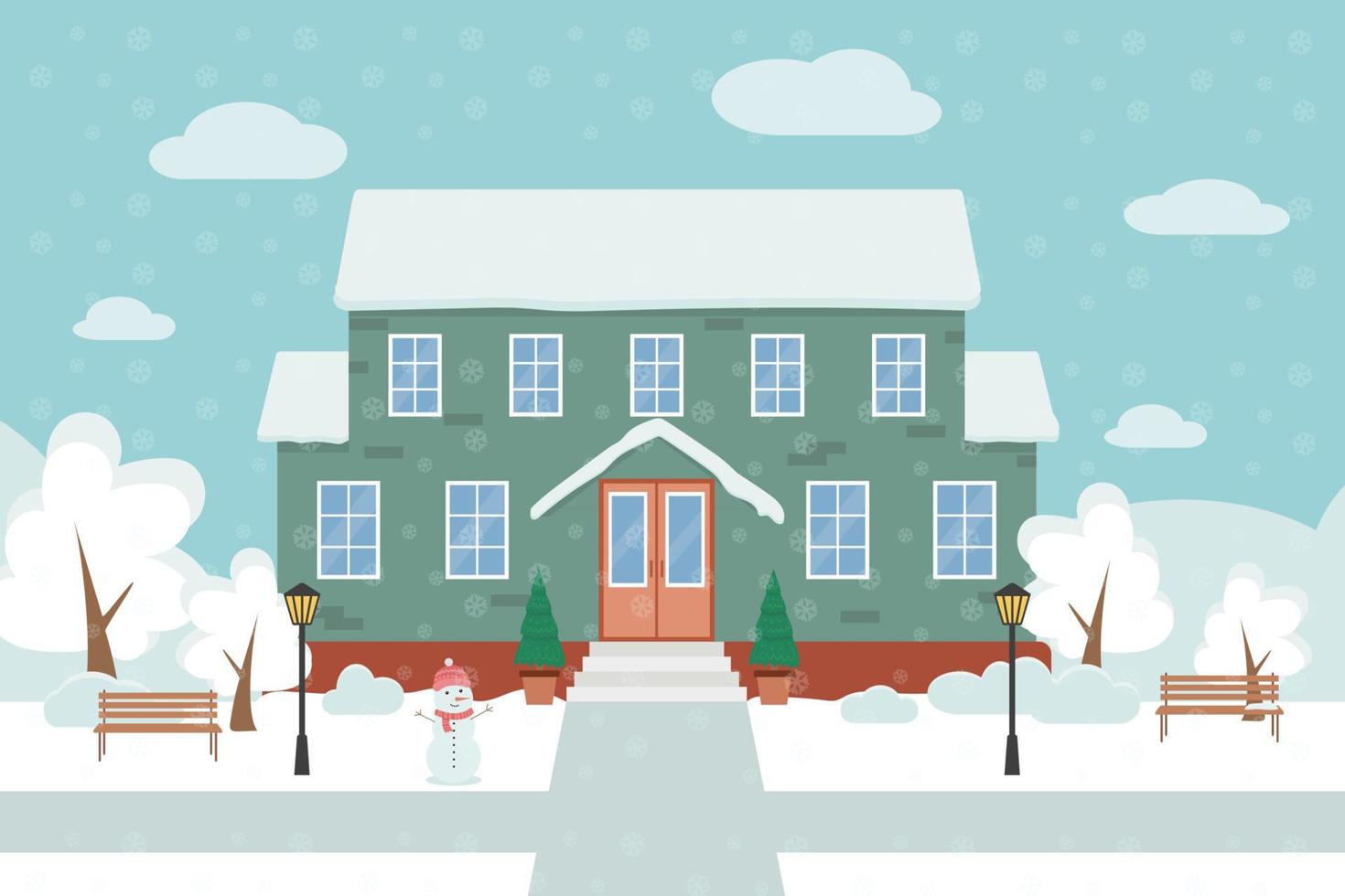 illustrazione vettoriale piatta invernale di una casa verde, sullo sfondo del paesaggio invernale.