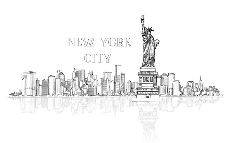 New York, Stati Uniti d&#39;America sfondo dello skyline. Città incisione vista silhouette vettore