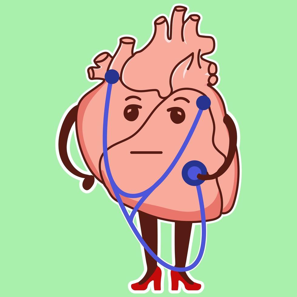 emoji del cuore fisiologico. simpatico personaggio cardiologico con un fonendoscopio vettore
