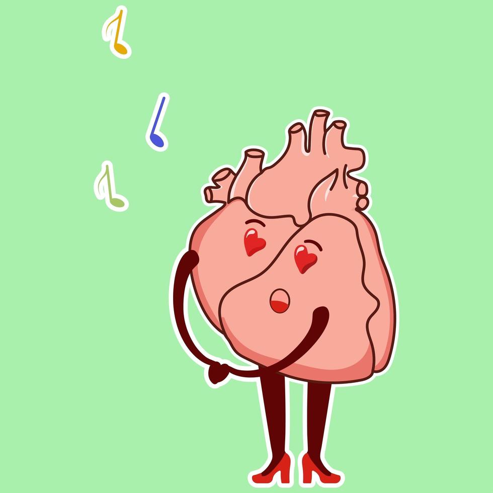emoji del cuore fisiologico. simpatico personaggio cardiologico canta vettore