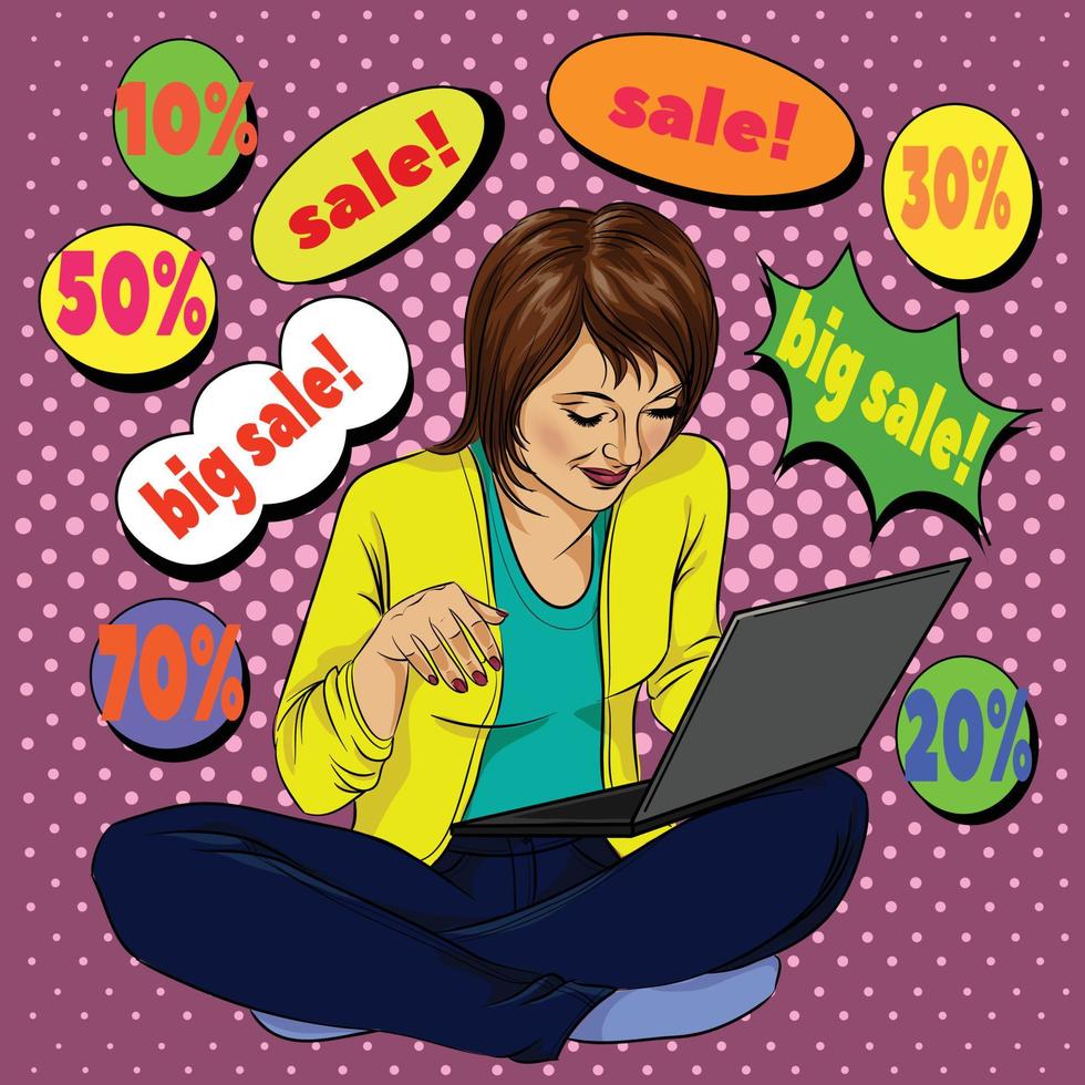 ragazza con un laptop seduto nello stile dei fumetti pop art, shopping online, illustrazione vettoriale