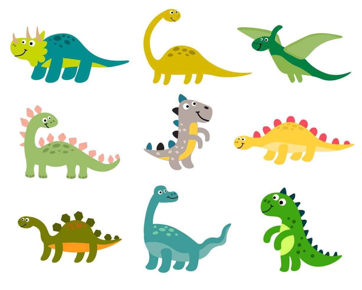 dinosauri simpatico cartone animato ambientati in uno stile piatto isolato su sfondo bianco. vettore