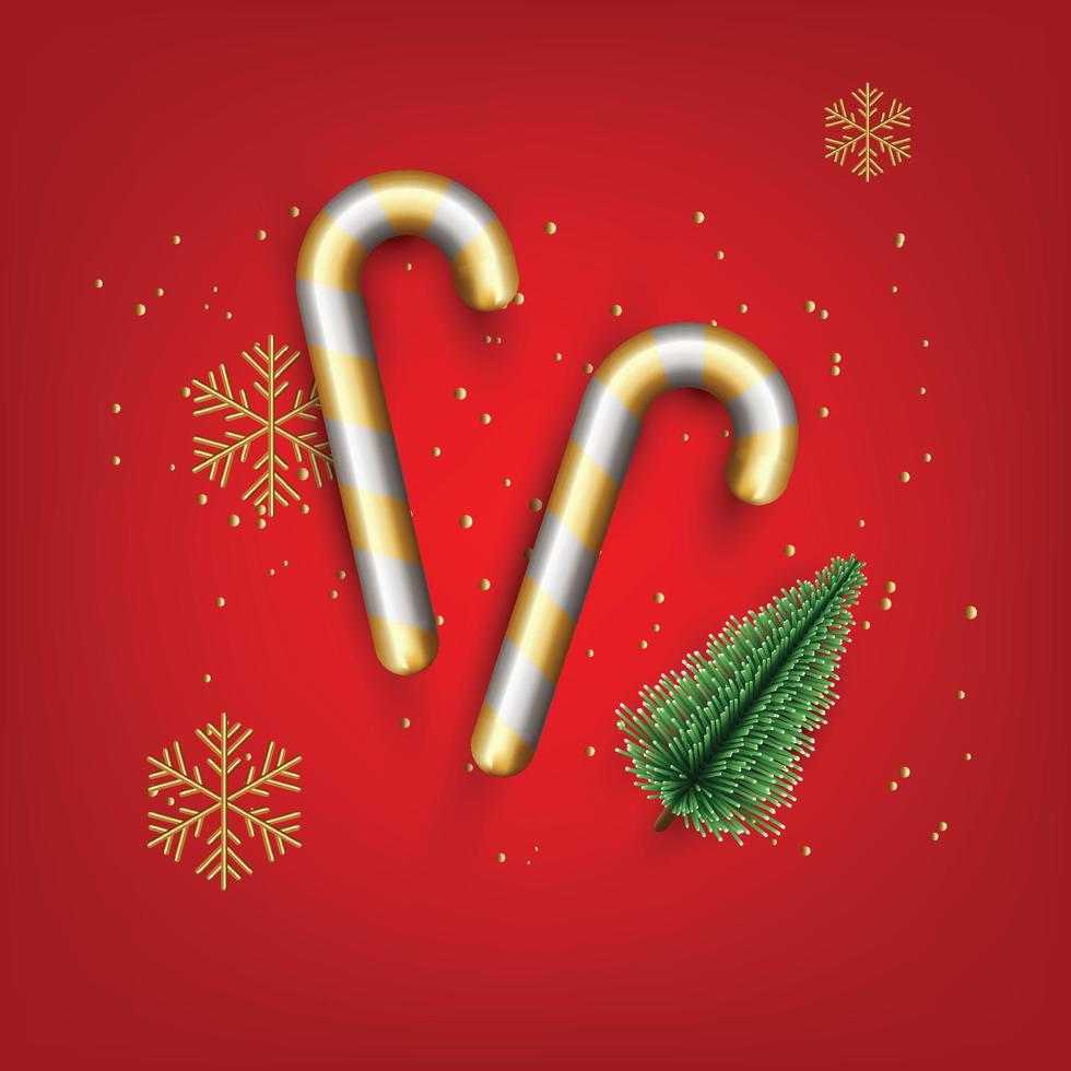 design natalizio con caramelle realistiche e pino su sfondo rosso con fiocchi di neve dorati vettore