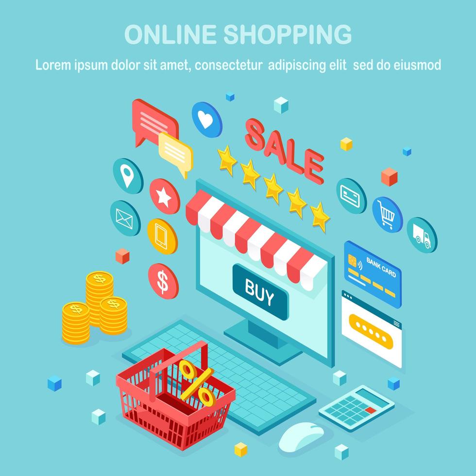 shopping online, concetto di vendita. acquistare in negozio al dettaglio da internet. Computer isometrico 3d, laptop con cestino, denaro, carta di credito, recensione cliente, stella di feedback. disegno vettoriale per banner web