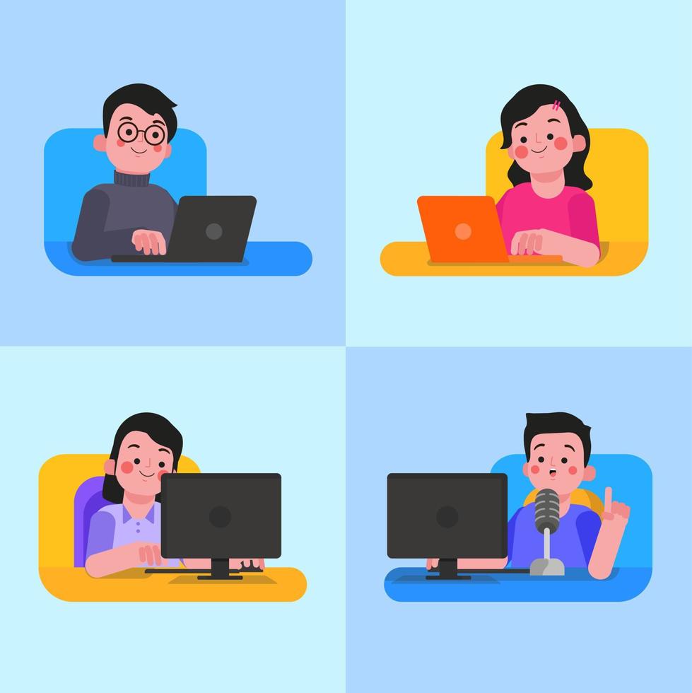 illustrazione di un libero professionista davanti a un computer mentre lavora in vari lavori, alcuni usano un laptop oltre che un computer vettore