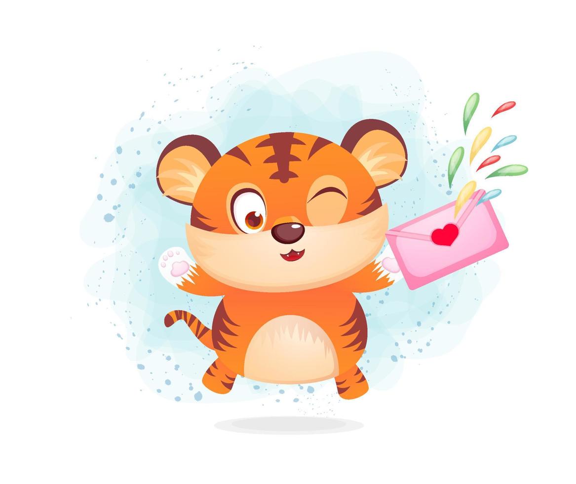 buon san valentino con una tigre carina che tiene in mano un personaggio dei cartoni animati del cuore della busta rosa vettore