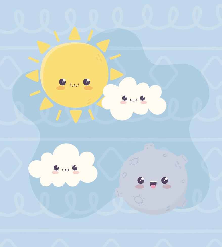 cartone animato del personaggio del sole e delle nuvole del pianeta kawaii vettore