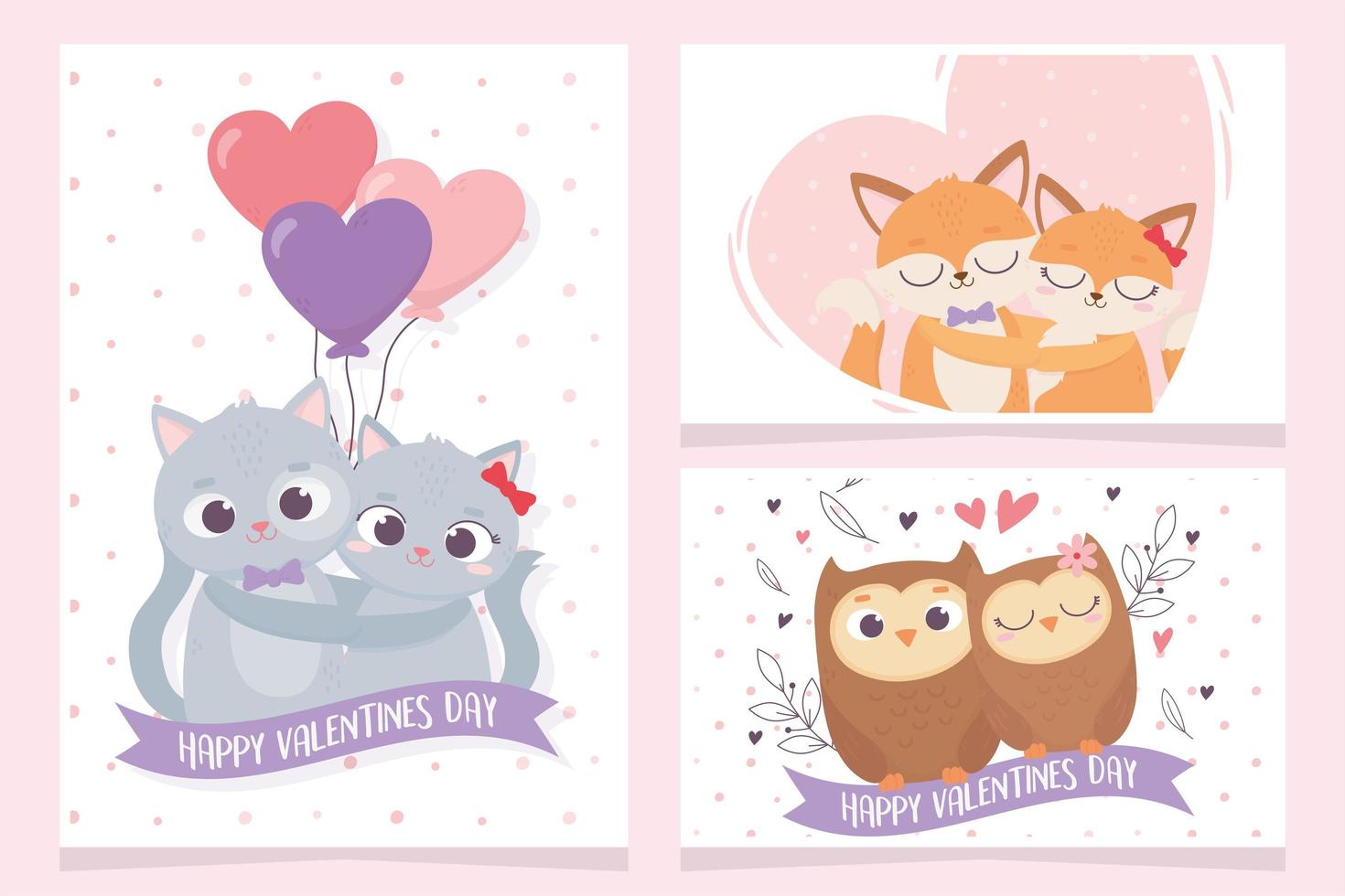 buon san valentino simpatici gatti gufi volpi amore cuori carte floreali vettore