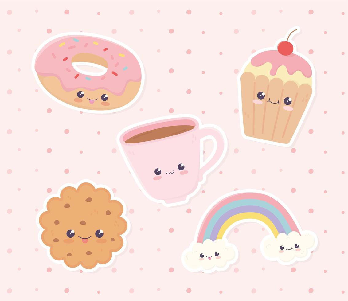 Kawaii dessert ciambella biscotto cupcake tazza di caffè arcobaleno fast food cartone animato vettore