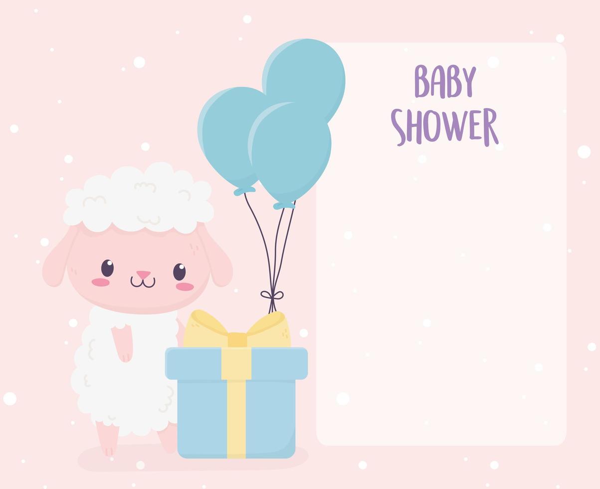 baby shower simpatica pecorella con confezione regalo e festa di palloncini vettore