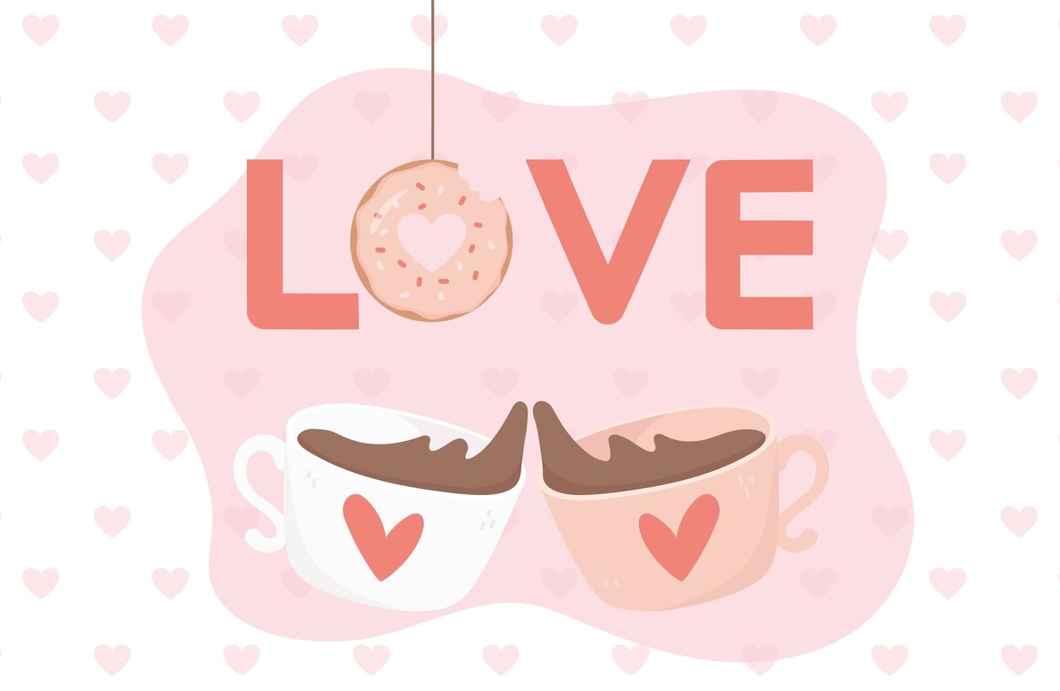 felice giorno di san valentino iscrizione amore ciambella tazze di cioccolato cuori sfondo vettore