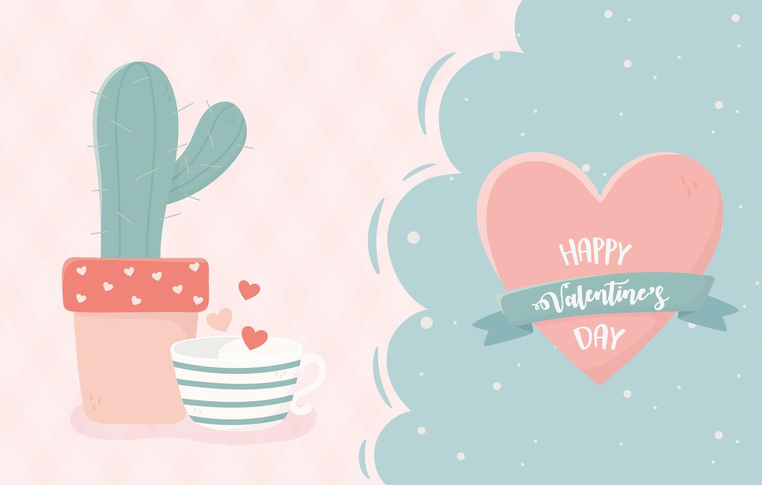 buon san valentino in vaso cactus tazza di caffè cuore romantico vettore