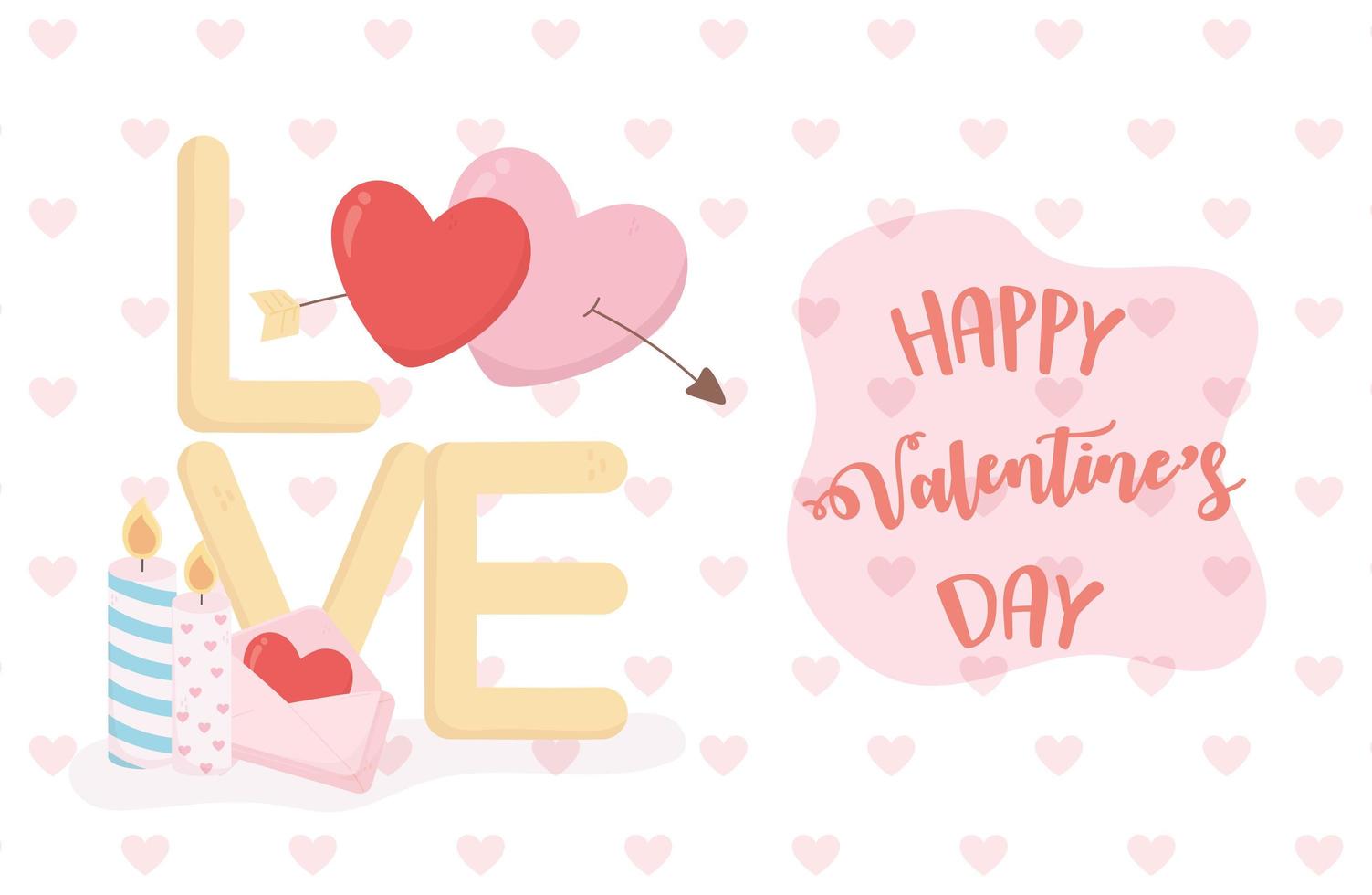 felice giorno di san valentino amore cuori freccia candela messaggio vettore