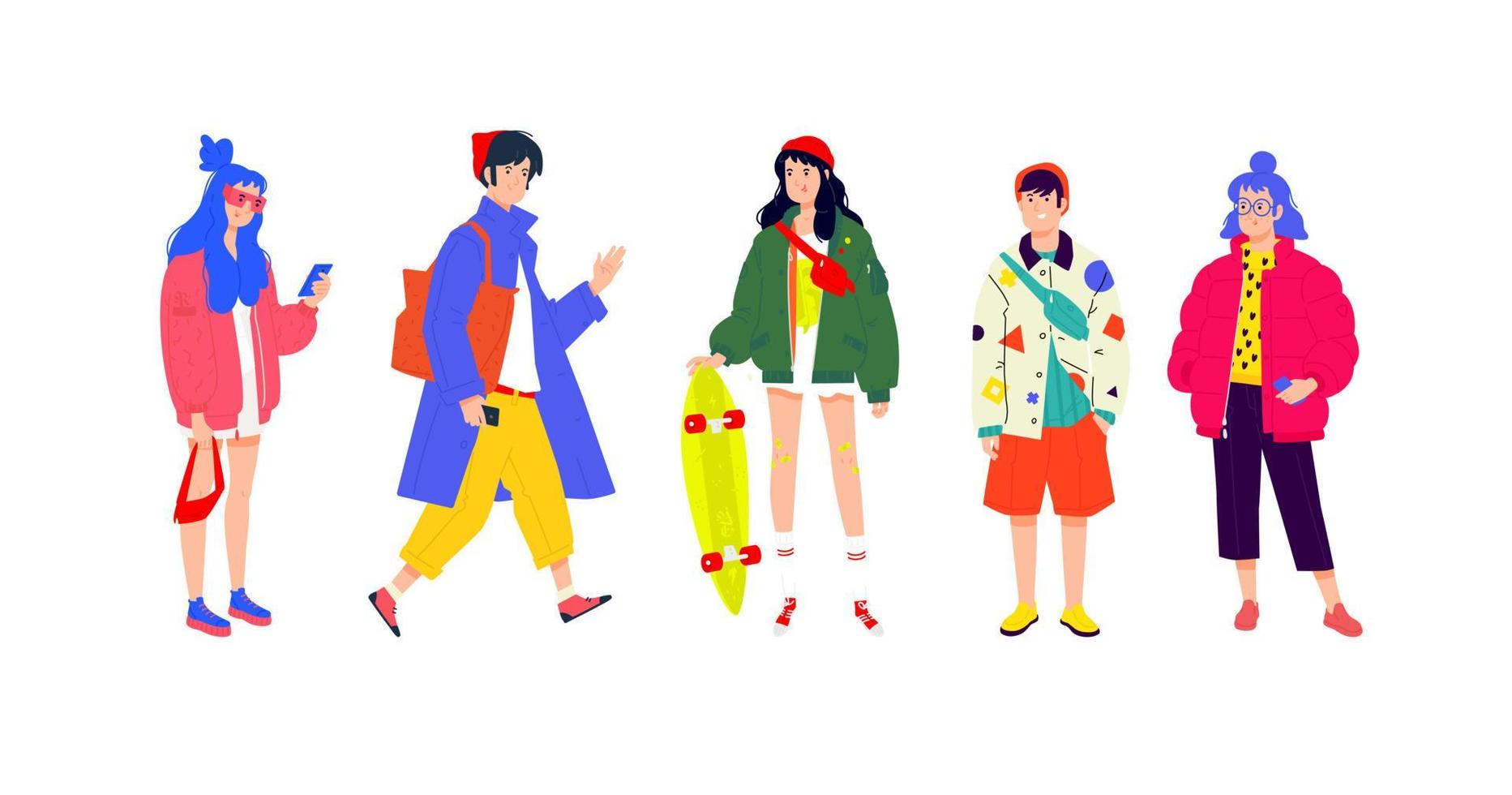 illustrazione di un giovane popolo alla moda. vettore. ragazze e ragazzi in abiti moderni alla moda. generazione di melinial. persone di diverse nazioni e razze, acquirenti e maniaci dello shopping. vettore