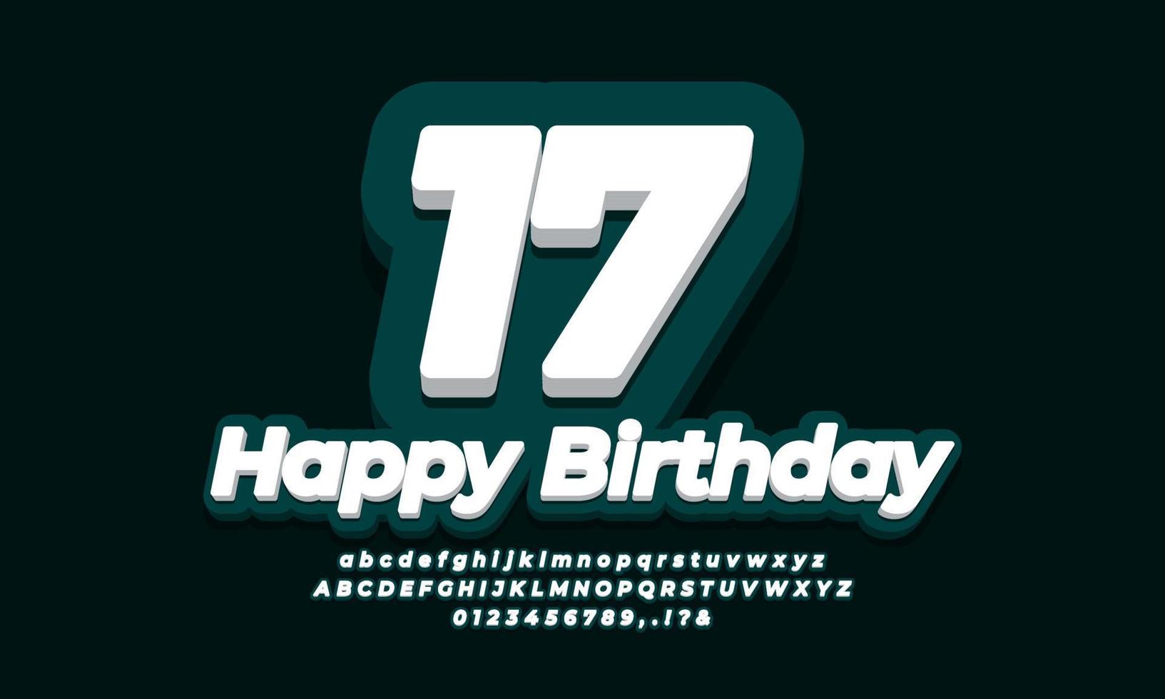 numero 17 diciassette anni celebrazione compleanno font 3d design verde vettore