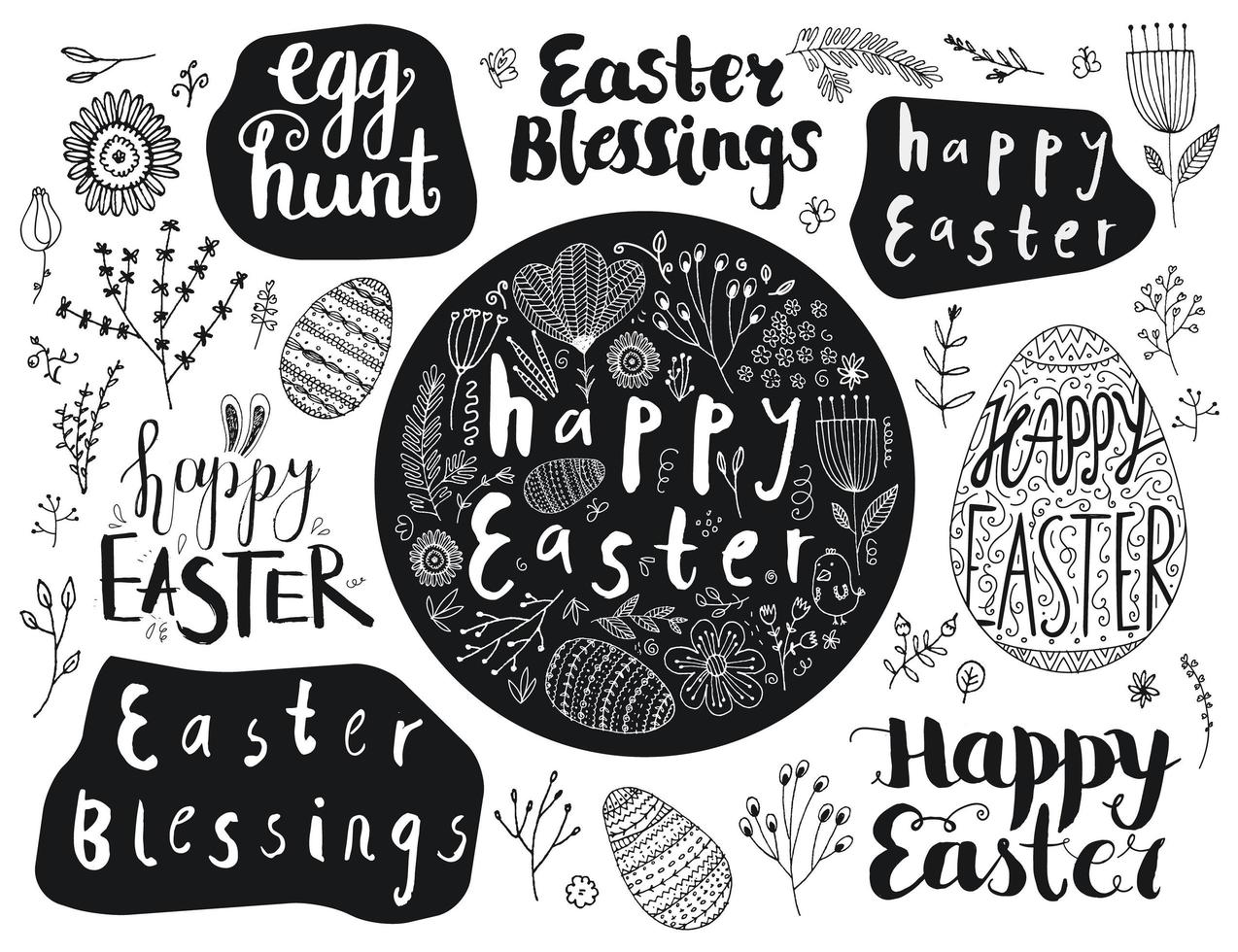 set vettoriale di lettere disegnate a mano di Pasqua, uova, doodle
